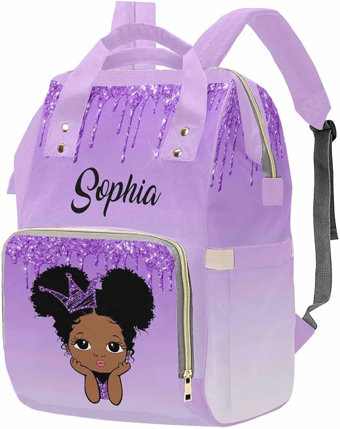 M YESCUSTOM Custom Name Diaper Bag, Personalized Purple Glitter Nylon Nursing Mommy Bags Gradient Waterproof Travel Backpack with Large Capacity for Women