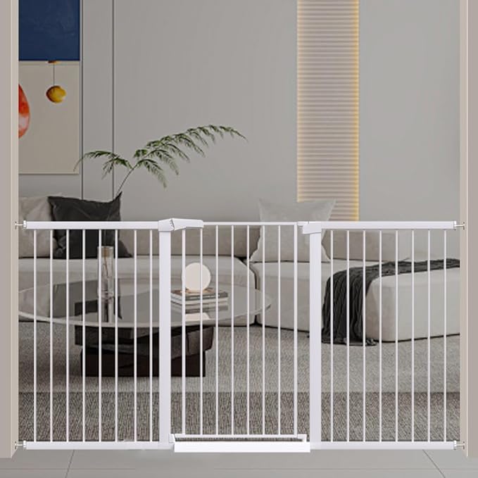 Fairy Baby 38" Extra Tall Baby Pet Gate for Stairs,70.9"-76.3" Extra Wide Long Dog Gate for the House, Metal Auto Close Pressure Mounted Safety Child Gate, Tension Baby Gate Barrier No Climb, White