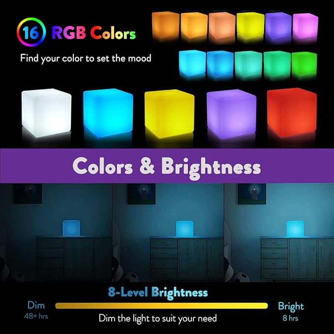 Mr.Go 10-inch Rechargeable LED Cube Light w/Remote, 16 RGB Colors & Dimmable LED Cube Lamp Night Light Mood Lamp, Ambient Decorative Lighting, Cordless & Waterproof for Indoor Outdoor Use
