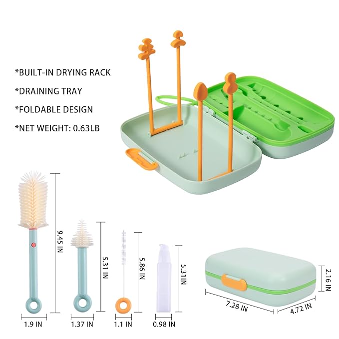 7in1 Travel Bottle Cleaner kit,Baby Essentials, with Bottle Brush?�Nipple Brush?�Straw Cleaner Brush?�Soap Dispenser?�Bottle Drying Rack?�Drainage Tray?�Storage Box,Baby Travel Essential (Green)