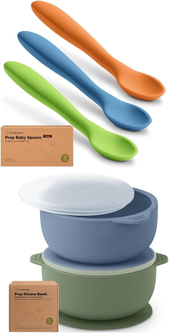 KeaBabies 3-Pack Silicone Baby Spoons and 2-Pack Baby Bowls with Suctions, Lids - Toddler First Food Training Spoon - Silicone Suction Bowls for Boy, Girl