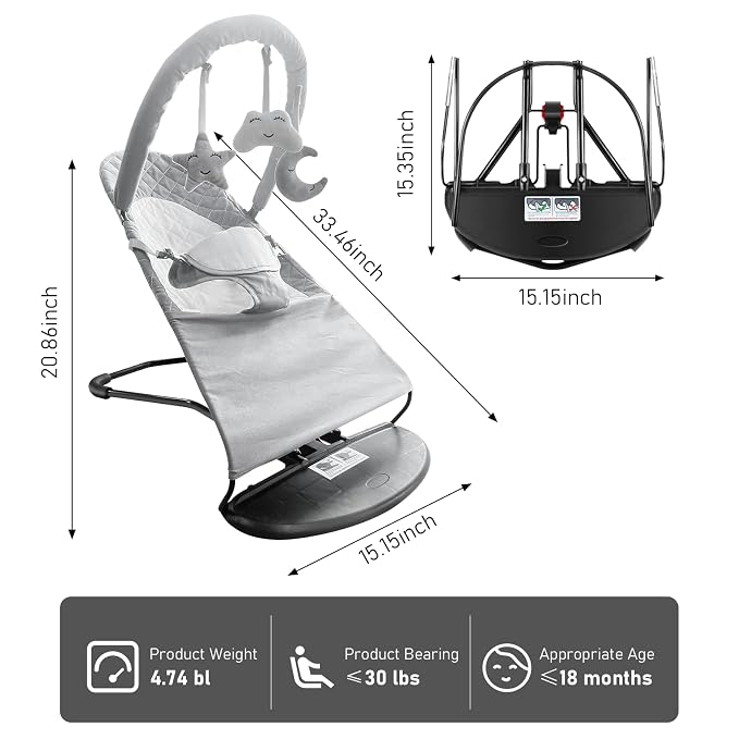 Portable Baby Bouncer Seat for Babies 0-18 Months, 100% Cotton Fabrics, Adjustable Multi Position Baby Bouncer Seat, Infant Rocker Chair with Hanging Toys-Light Grey
