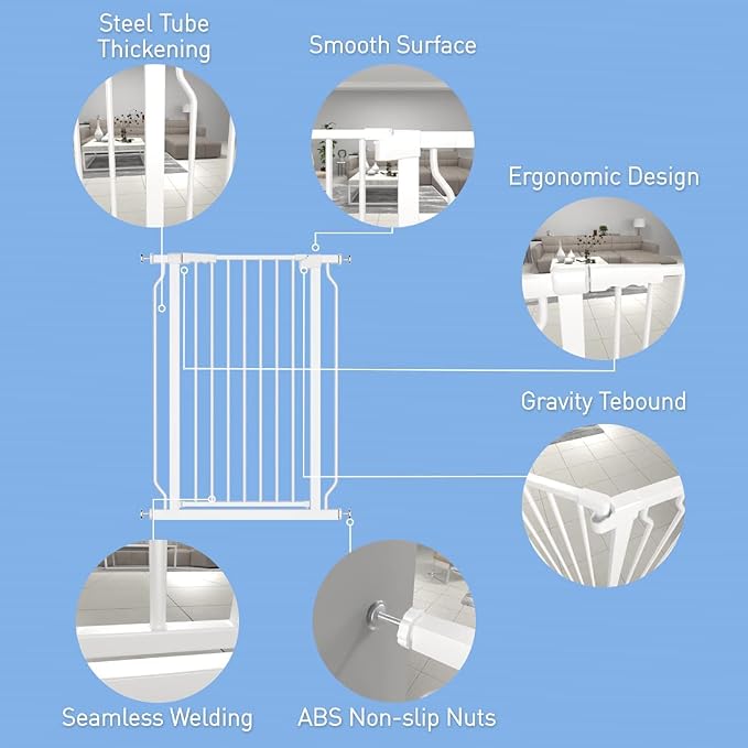 WAOWAO Extra Tall 40.55" Baby Gate 29.92-63.38" Wide Pressure Mounted Walk Through Swing Auto Close Safety White Metal Toddler Child Dog Pet for Indoor Stairs,Doorways,Kitche