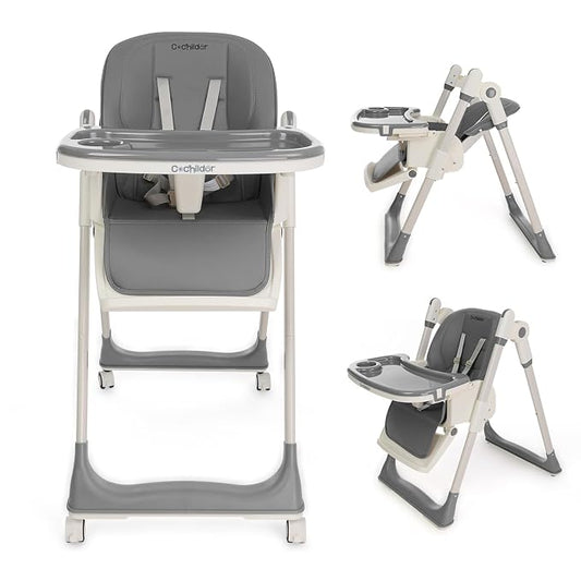 Cochildor 3-in-1 Foldable High Chair for Babies & Toddlers – Adjustable Height, Reclining Seat, 5-Point Safety Harness, Removable Tray, Lockable Wheels, Washable Cushion – Portable & Easy Clean, Gray