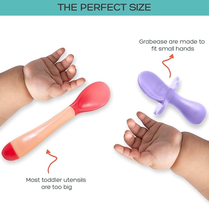 Grabease Baby Feeding Utensil Set - Ergonomic Self-Feeding & Toddler Spoon & Fork - Sturdy Plastic Training Silverware for Toddlers - Travel Pouch & Silverware for 1-Year-Olds - Lavender, Pack of 1