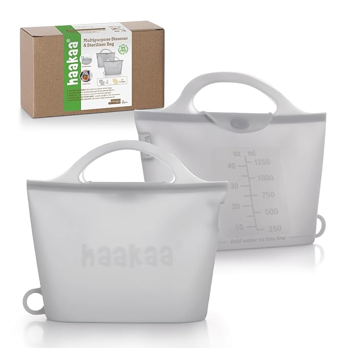 Haakaa On-The-Go Silicone Microwave Steam Sterilizer Bags for Travel, 40oz/1250ml Reusable Silicone Steaming Bags for Baby Bottles, Breast Pump, Accessories, Pacifiers, Teethers, Grey/2PCS