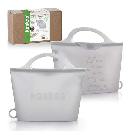 Haakaa On-The-Go Silicone Microwave Steam Sterilizer Bags for Travel, 40oz/1250ml Reusable Silicone Steaming Bags for Baby Bottles, Breast Pump, Accessories, Pacifiers, Teethers, Grey/2PCS