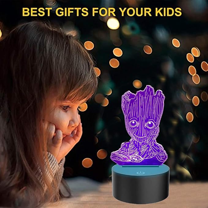 Groot 3D Night Light,Kids 7 Color Touching Decor Table Light,Optical Illusion 7 Colors Changing Xmas Birthday Gifts for Baby Amazing Light (A 7Color Without RF)