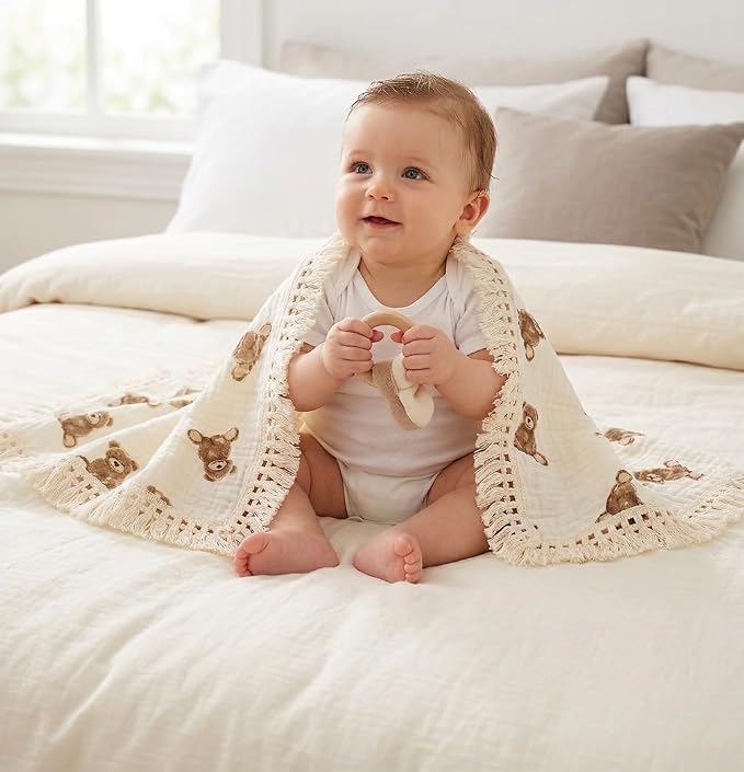Little Jump Cotton Muslin Swaddle Blankets with Tassel, Boho Bohimia Muslin Baby Blanket Neutral with Fringe, Vintage Teddy Bear Nursery Decor Muslin Throw Blanket 47" x40" (Teddy Bears)