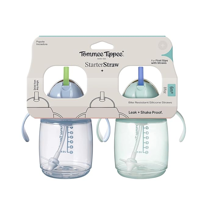 Tommee Tippee Starter Weighted Straw Baby & Toddler 10oz Sippy Cup for 6 Months+, with Silicone Weighted Straw and Easy-Hold Handles, BPA Free, Blue & Green, Pack of 2