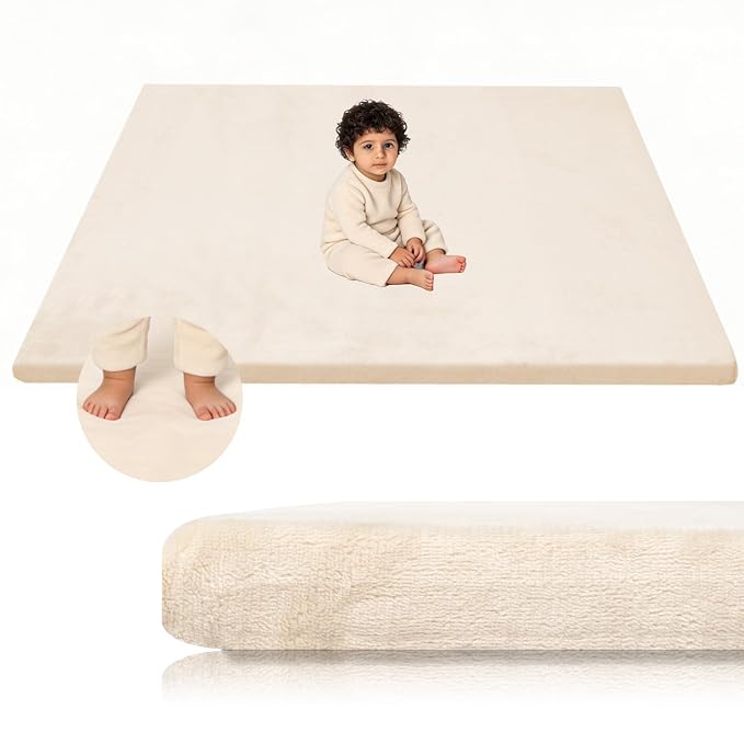 Velvet Baby Play Mat for Floor, 1.3" Thick Elasti-Foam 50"×50" Playpen Mat with Removable & Washable Velvet Cover for Toddler, Infant,Kids, Non-Slip Crawling Mat for Tummy Time (Beige)