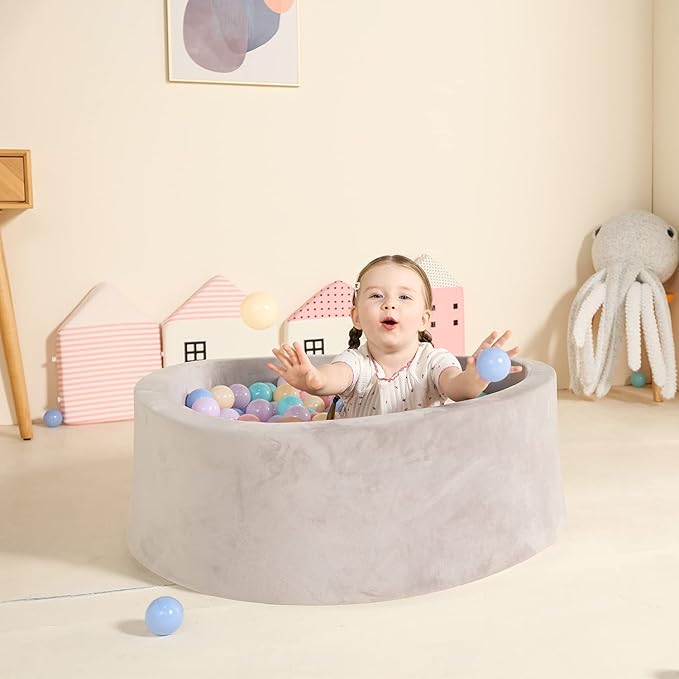 TRENDBOX Foam Ball Pit for Toddlers, 35x11 inch Soft Baby Ball Pit with Washable Velvet Cover (Balls not Included)- Grey
