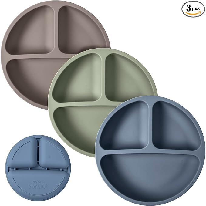 WeeSprout Silicone Plates for Babies & Toddlers (3 Pack) 100% Food-Grade Dishes for Self Feeding, Divided Design & Raised Edges for Picky Eaters, Dishwasher & Microwave Safe Weaning Supplies
