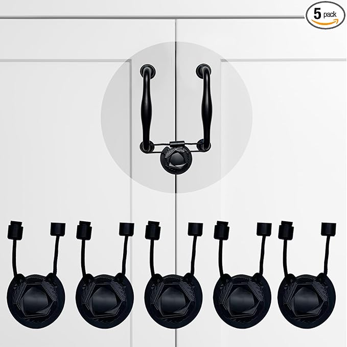 Baby Proof Cabinet Locks, 5 Pack Adjustable Child Safety Locks for Cabinets, Drawers & French Doors, No Adhesive, Reusable Childproof Locks for Kitchen and Bathroom (Black)