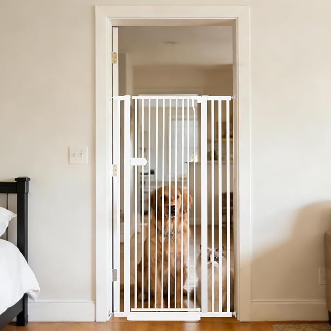 Lumizone Extra Tall Cat Gate 55.12" High Pressure Mounted 29.92"-38.38" Extra Wide 1.37" Gap No Drilling Auto-Close One-Handed Operation Tall Pet Gate for Dogs(White, 55.12" H x 29.92"-38.38" W)