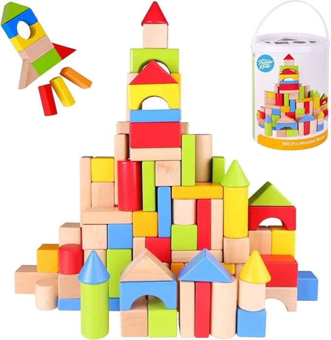 Pidoko Kids Building Blocks for Toddlers 1-3, 100 Pcs Wooden Blocks - Includes Storage Bucket and Shape Sorter Lid - Montessori Wood Block Gifts For Preschool Boys & Girls