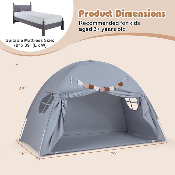 HONEY JOY Bed Tent Twin for Kids, Foldable Play Tent Canopy w/Flags, Windows, Indoor Outdoor Playhouse Toddler Tent, 79” x 39” x 48”, Washable, Kids Tent for Boys Girls Aged 3+, Birthday (Gray)