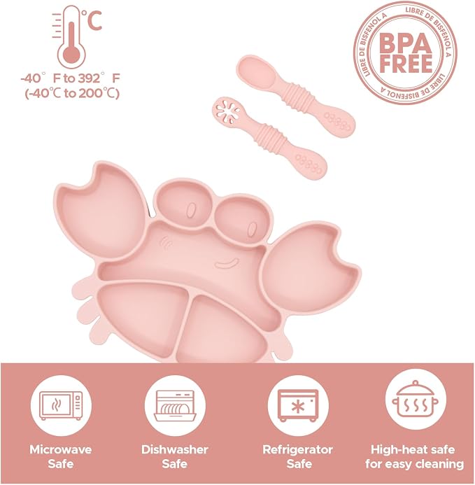 BabyX Silicone Feeding Set (3 PCs) Cove & Coast Series, Baby Plate with Suction Cup, Training Spoon and Fork, BLW Utensils for Toddler Kid, BPA-Free, Microwave/Dishwasher Safe - Pink Crab