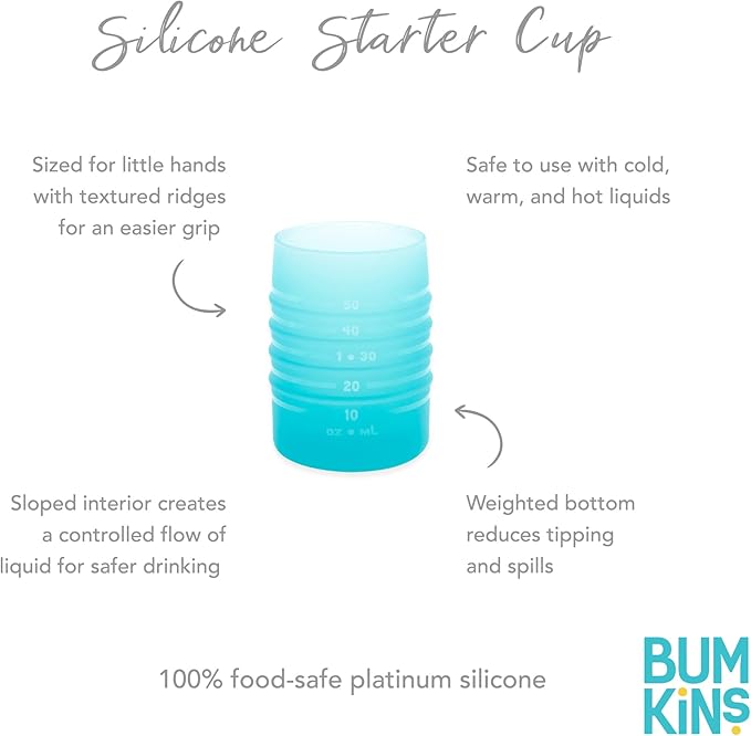 Bumkins Baby and Toddler Cups, Sip Cup, Spill Proof Training Drinking for Babies Ages 4 Months, Tip Proof, Platinum Silicone Starter Cup, First Year Learning Supplies, Easy to Hold, Holds 2oz, Blue