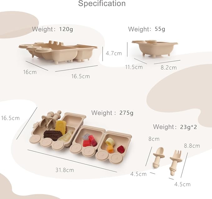 Baby Suction Plate Silicone, 5 Piece Baby Feeding Set - Non Slip Unique Trains Toddler Plates with Fork Spoon, Kids Baby Weaning Plate for No More Meal Time Mess (Beige)