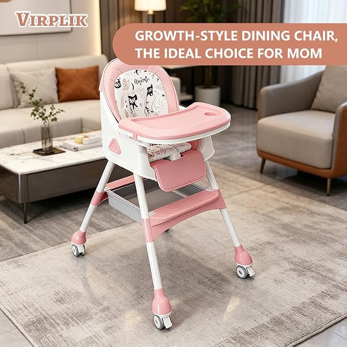 Foldable 4-in-1 Baby High Chair for Babies & Toddlers, High Chair with Detachable PU Cushion, Removable Tray, Adjustable Height, Locking Wheels,Pink
