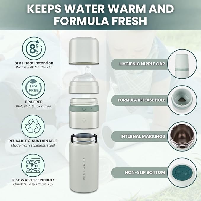 MILK & WATER All in One Baby Bottle & Baby Formula Dispenser On the Go, 9oz - Keeps Water Warm & Formula Fresh - Baby Formula Mixing Bottle with Anti Colic Nipple - Leak-Proof - 6+ Months (Green)