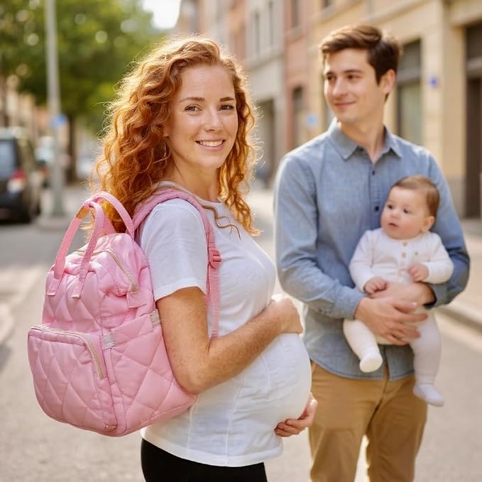 Tristan Home Quilted Diaper Bag Backpack – Insulated Bottle Pockets, Maternity Hospital Travel Bag for Moms (Pink)