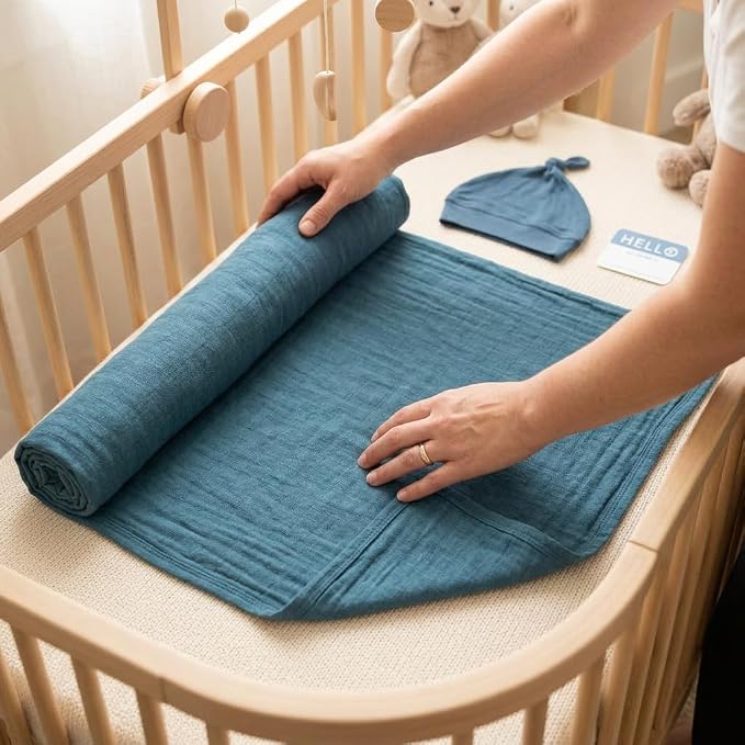 Lulujo Birth Announcement Hat & Swaddle Blanket Set| Unisex Softest Bamboo Viscose Muslin Baby Swaddle Blanket| Receiving Blanket | 47in x 47in| Navy