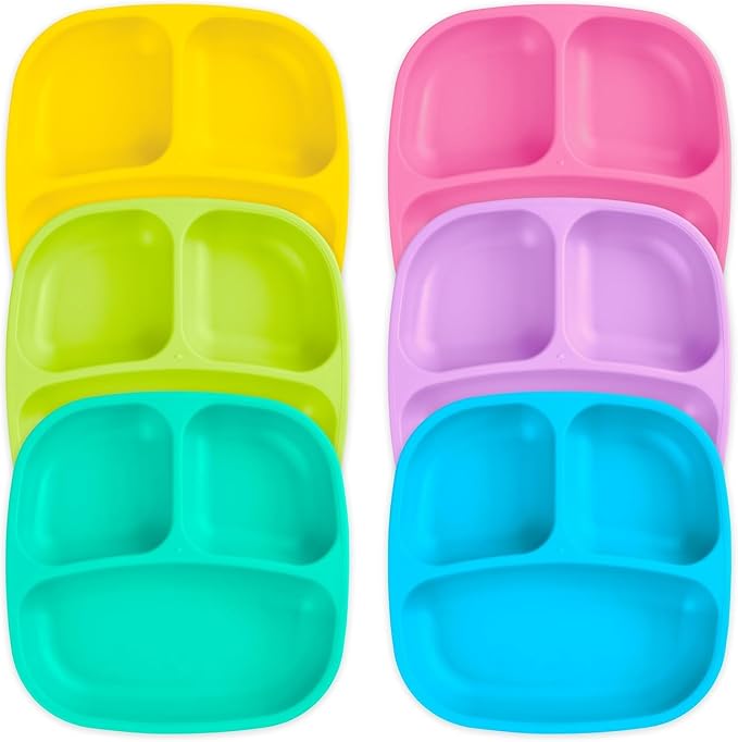 Re-Play Toddler Dinnerware Set - 6 Divided Plates & 6 Snack Bowls for Kids - Durable BPA-Free Plastic Tableware - Dishwasher Safe - Made in USA from Recycled Materials, Sorbet