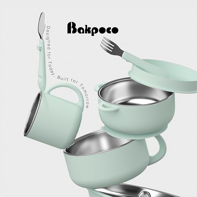 Bakpoco Kids Dinnerware Set - 6 Piese Toddler Plates and Suction Bowls Set with Kids Utensils&Cup, 2 IN 1 Stainless Steel & Silicone Baby Self Feeding Supplies, Sage