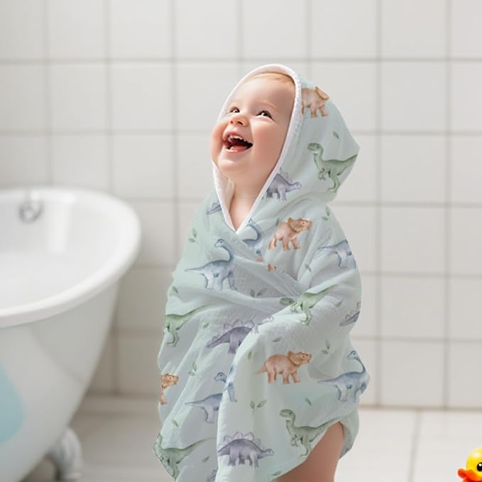 Muslin Hooded Baby Towels,2 Pack Baby Bath Towels,Large 31.5x31.5Inch,Hooded Towels for Baby and Infant,Soft&Absorbent(Elephants and Dinosaurs)