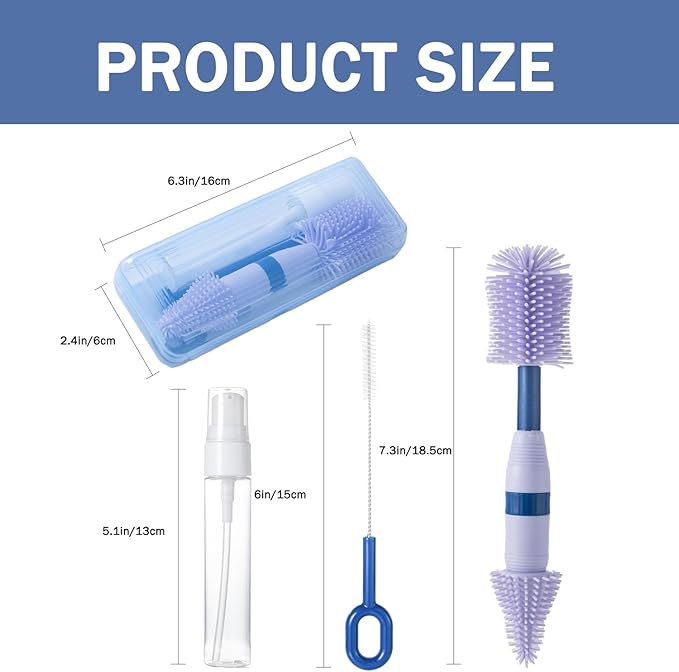 Travel Bottle Brush, 6-in-1 Portable Travel Bottle Cleaner Kit with Small Bottle Brush Built in Drying Rack, Nipple Brush, Straw Brush, Soap Dispenser, for Baby Bottles Under 8 OZ, BPA-Free(Purple)