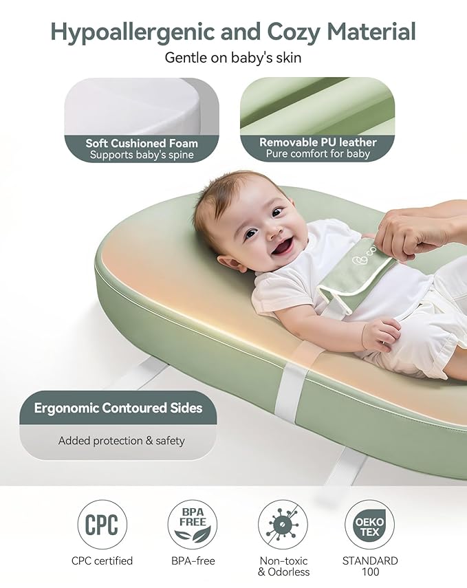 COMOMY Baby Changing Pad with Wipeable & Waterproof PU Cover, Contoured Diaper Changing Pad for Dresser with Non-Slip Safety Belt, Portable and Lightweight, Large Cushioned Foam, Green