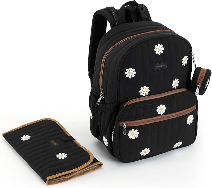 GOBABYMART Large Diaper Bag Backpack with Changing Pad, Insulated Bottle Pockets, Travel & Hospital Bag for Mom & Dad (Large - Black Flowers)