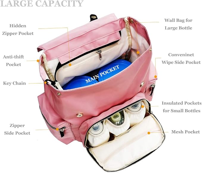 Quality Diaper Bag Backpack - Multi-Function Travel Backpack with Stroller Strap - Large Capacity, Stylish & Lightweight - Baby Nappy Bag for Baby Girl & Boy (Pink)