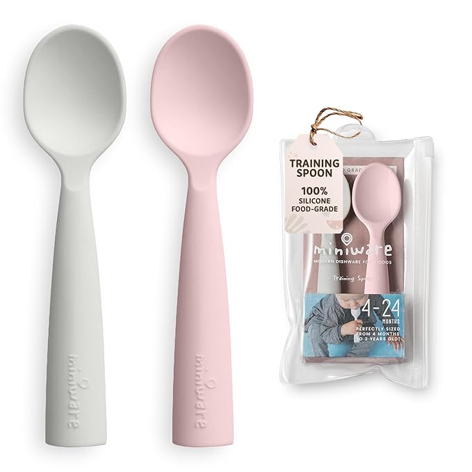 Miniware Silicone Baby Spoon for Training - BPA Free Baby Utensils - Baby Spoons Self Feeding 6 Months | 100% Food Grade Silicone - Modern & Dishwasher Safe Toddler Spoons (Grey and Cotton Candy)