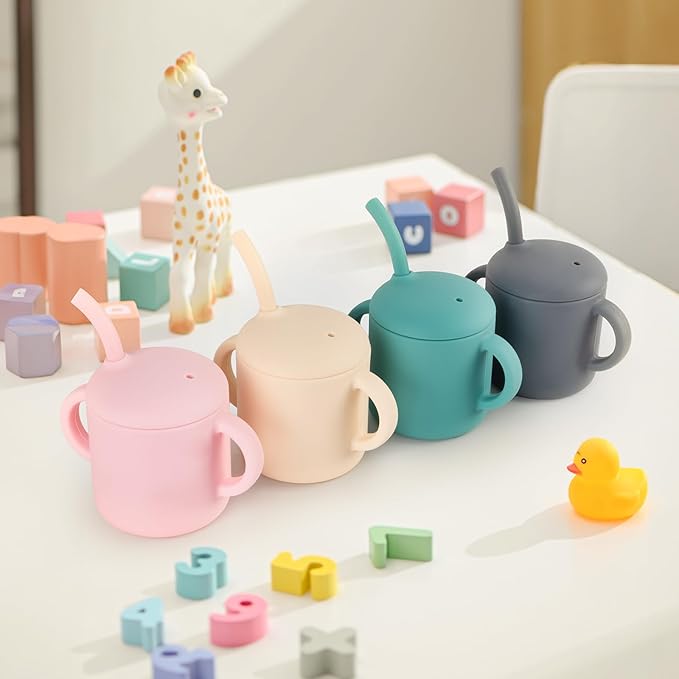 Premium Silicone Baby Straw Cup 6 floz, BPA-Free Food-Grade Silicone Sippy Cup for Infants and Toddlers 6months+, Leak-Resistant, Durable, Easy-Grip Training Design (Beige)