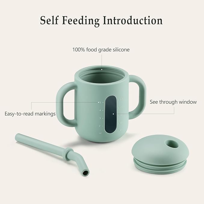 CLYMENE Silicone Training Cup with Straw & Handles | Baby Sippy Cup | Water Drinking Cup for Infants and Toddlers 6 Months+, 6 oz, Sage
