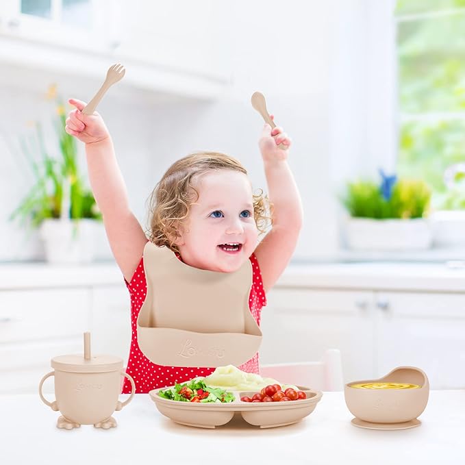 Silicone Feeding Set with Bib, Spoon, Fork, Sippy Cup - Baby Led Weaning Supplies