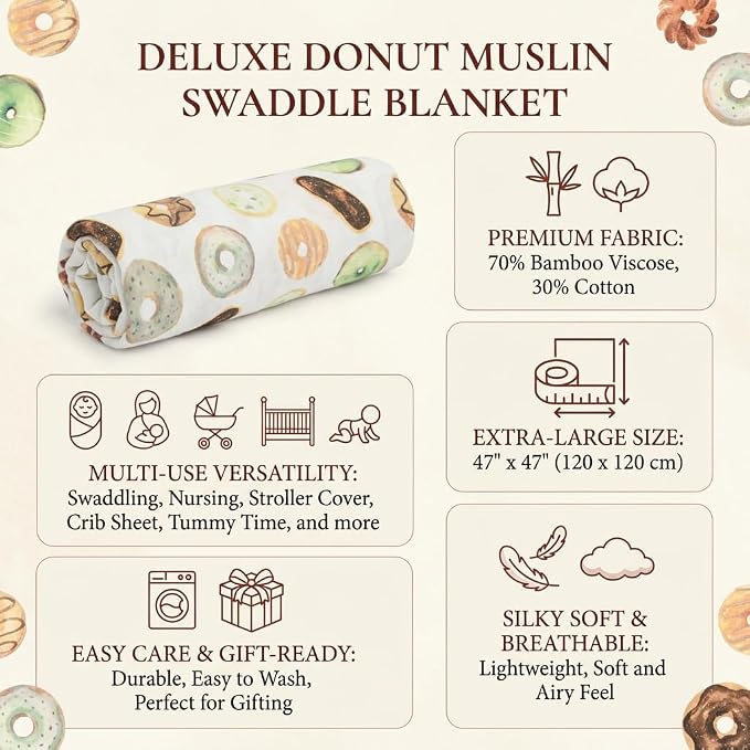 Lulujo Baby Swaddle Blanket| Unisex Softest Bamboo Viscose Muslin Swaddle Blanket| Neutral Receiving Blanket for Girls & Boys 47in x 47in Donuts
