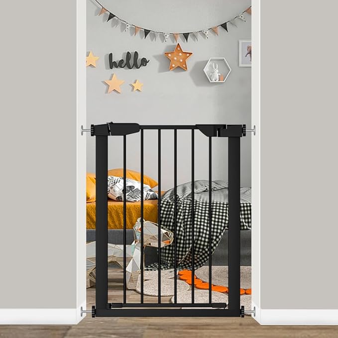 Fairy Baby 22.8"-25.5" Narrow Baby Gate for Stair, Pressure Mounted Auto-Close Pet Gate for Small Walk Thru and Doorways, Safety Child Gate No Drilling, No Extensions, Black