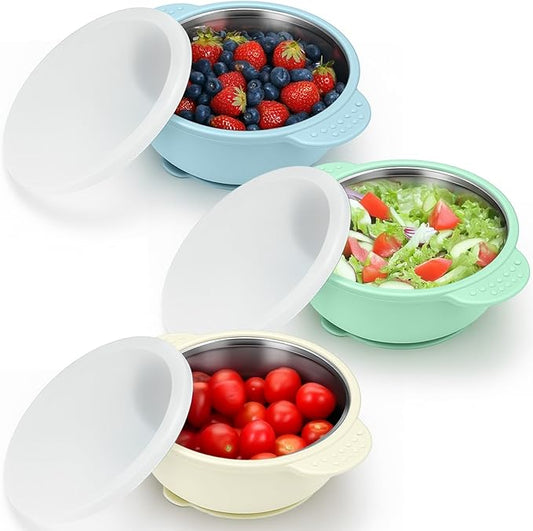 BUSOHA 3 Pack Stainless Steel Baby Bowls with Lid ??2-in-1 Toddler Feeding Bowl Heat-Resistant Spill-Proof Plate Suction Bowls for Kids Baby Toddler Food Feeding