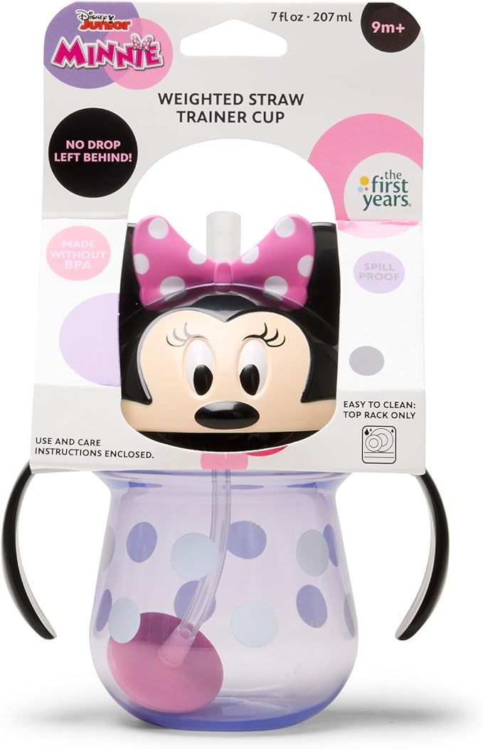The First Years Disney Minnie Mouse Weighted Straw Cup - Spill Proof Toddler Cups with Flip Top Cover and Silicone Straw - Dishwasher Safe - 7 Oz - 6 Months and Up