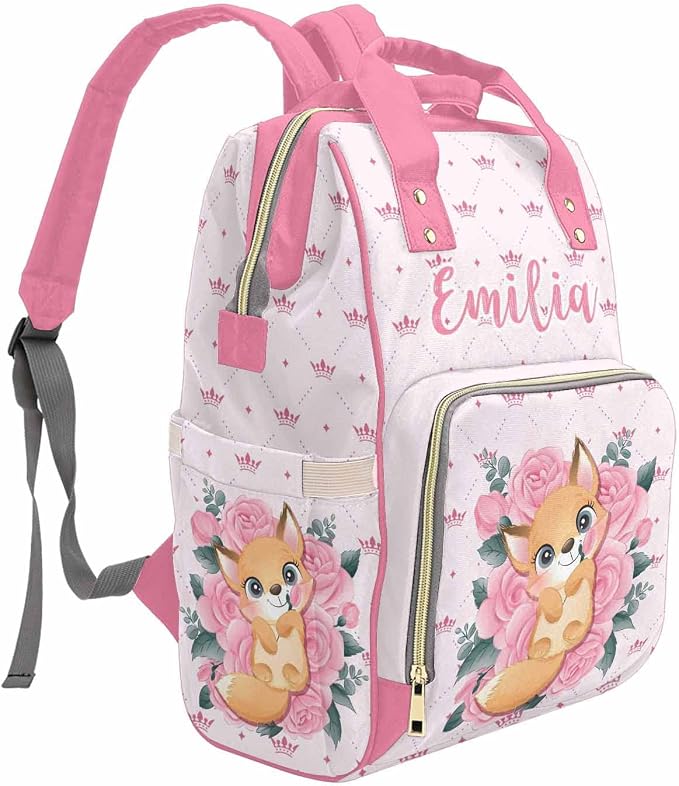 M YESCUSTOM Customized Pink Crown Diaper Bag with Name Christmas Gift for Mom, Custom Cute Fox On Pink Roses Mommy Nursing Daypack Lovely Multifunction Travel Backpack