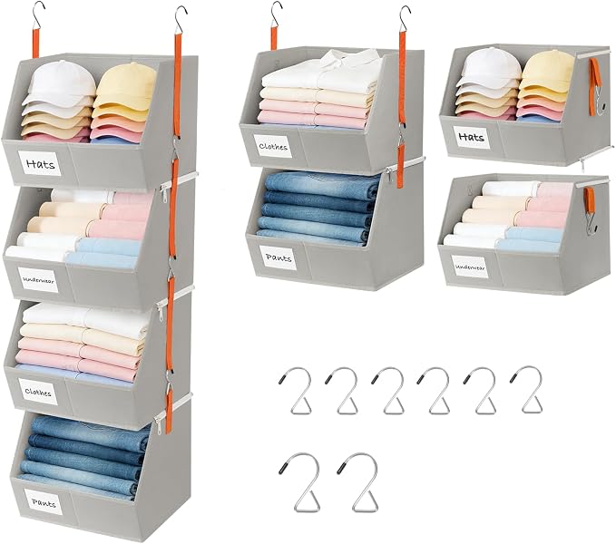4 Pcs Modular Closet Organizer - Detachable & Foldable Hanging Storage Cubes, 88L Total Capacity, Heavy Duty Fabric Shelves for Wardrobe, Closet Organization, RV, Dorm, Grey