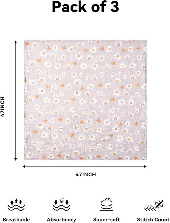 TILLYOU 3 Pack Muslin Swaddles for Newborns Baby Blankets for Girls Boys Cotton Swaddle Blankets 47"x47", Pink Butterfly