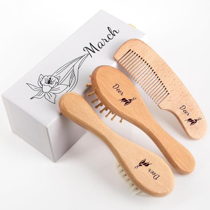 Personalized Baby Hair Brush & Comb Set with Soft Goat Bristles,Custom Laser Engraved Name,Newborn Grooming Kit with Birth Flower Gift Box (March)