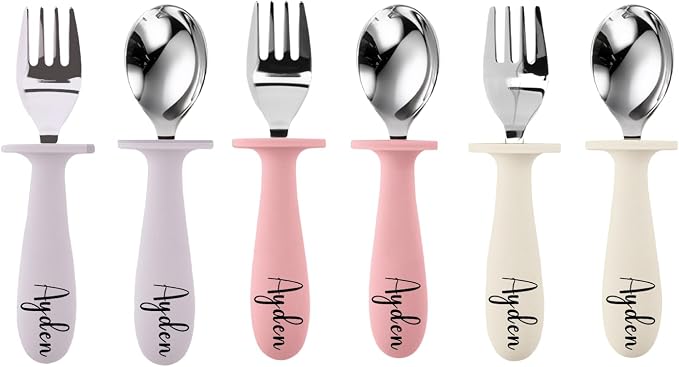 Personalized Toddler Utensils Set with Silicone Handle, Easy-Grip,Gentle On Teeth,Custom Name Stainless Steel Kids Silverware for Baby Led Weaning,Ideal for Showers & Birthdays (Pink Beige Purple)