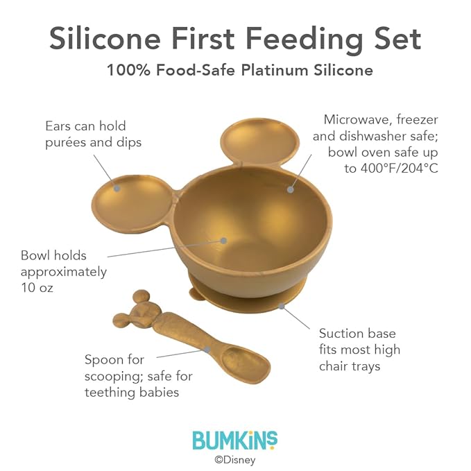 Bumkins Disney Baby Bowl, Silicone Feeding Set with Suction for Baby and Toddler, Includes Spoon, First Feeding Set, Essentials for Baby Led Weaning for Babies Eating 4 Months Up, Minnie Mouse Gold