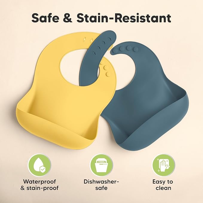KeaBabies 2-Pack Silicone Bibs for Babies, Toddlers Girl, Boy ??Sturdy Food-Grade Baby Bibs for Eating, Large Food Catcher, Clean & Put On Easily, Waterproof Toddler Feeding Essentials (Valiant)